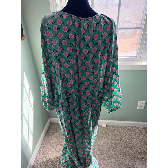 Floral Rose Print Green Viscose Maxi Dress Long Sleeve Boho Caftan XL - Picture 5 of 7